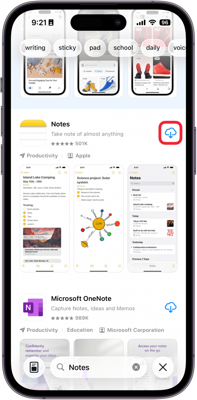 a screenshot of "Notes" search results in the app store on iphone with a red box around the re-download button next to the notes app