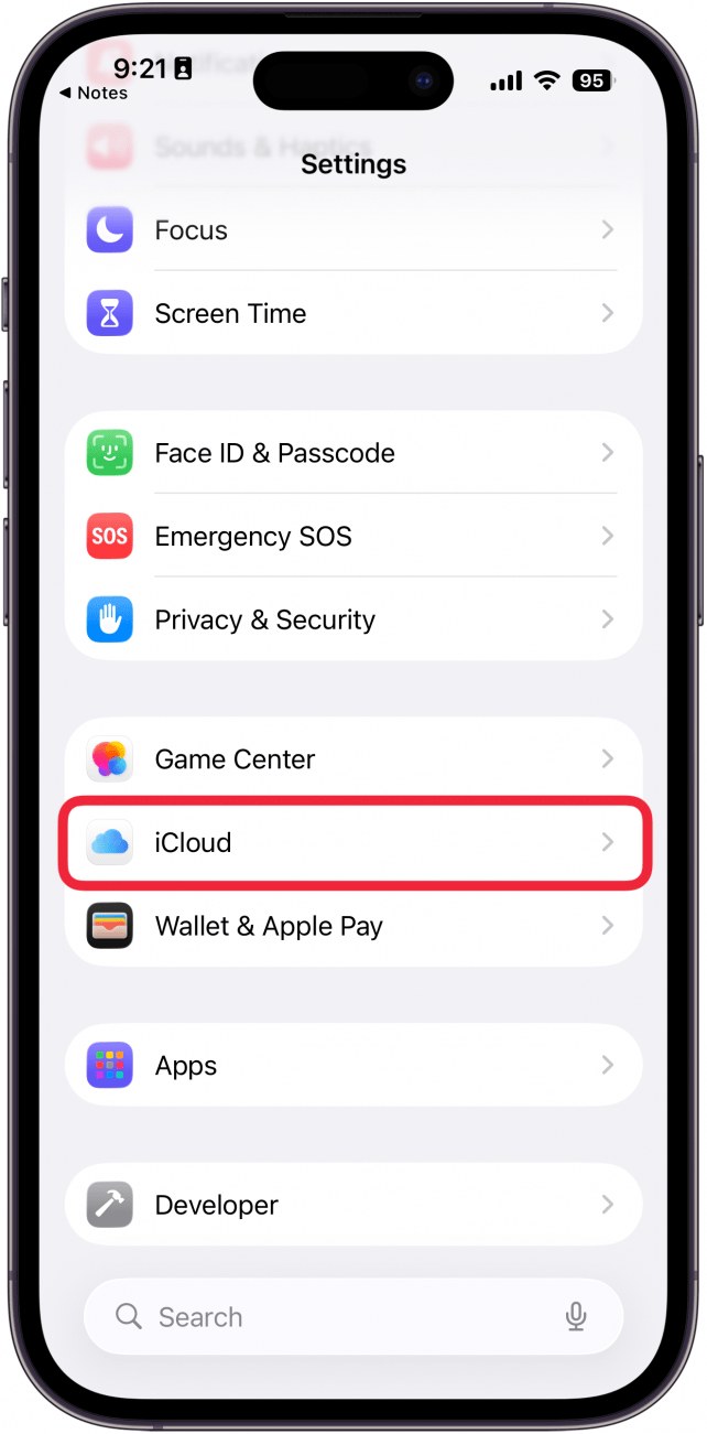 a screenshot of the settings app with a red box around icloud
