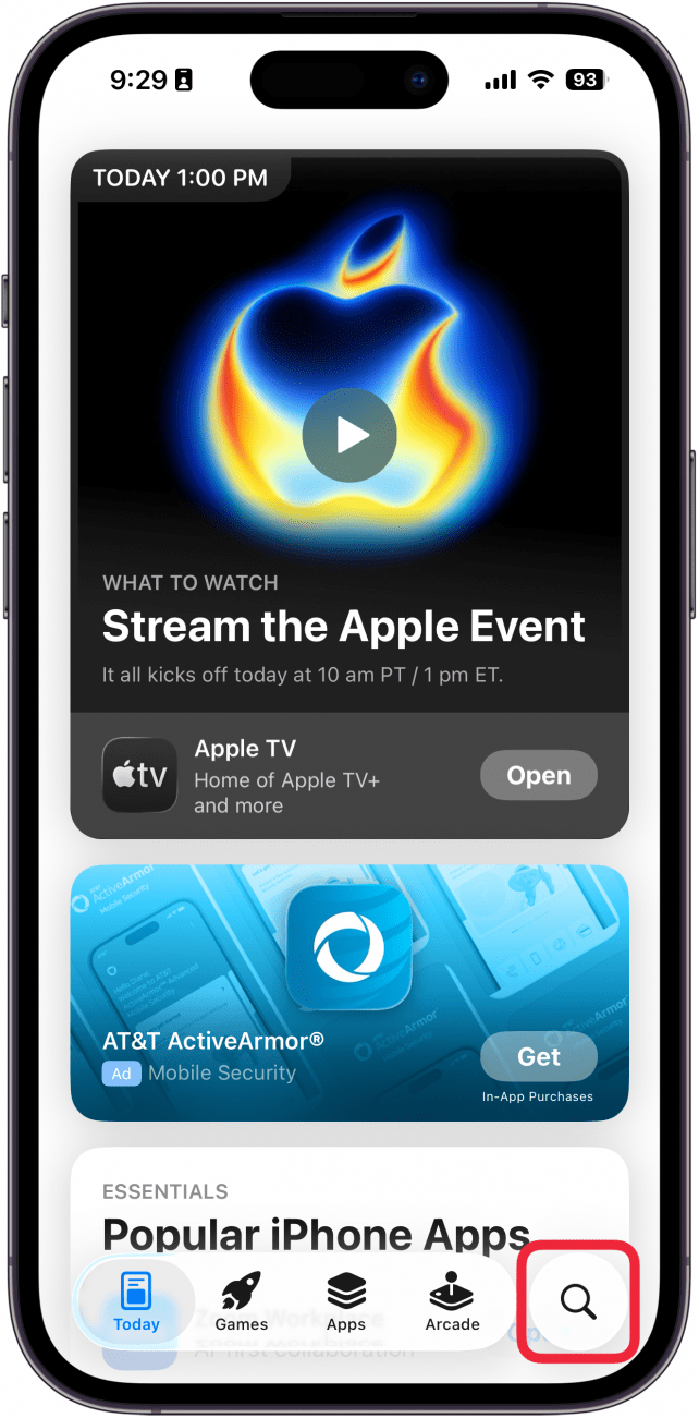a screenshot of the app store on iphone with a red box around the search icon