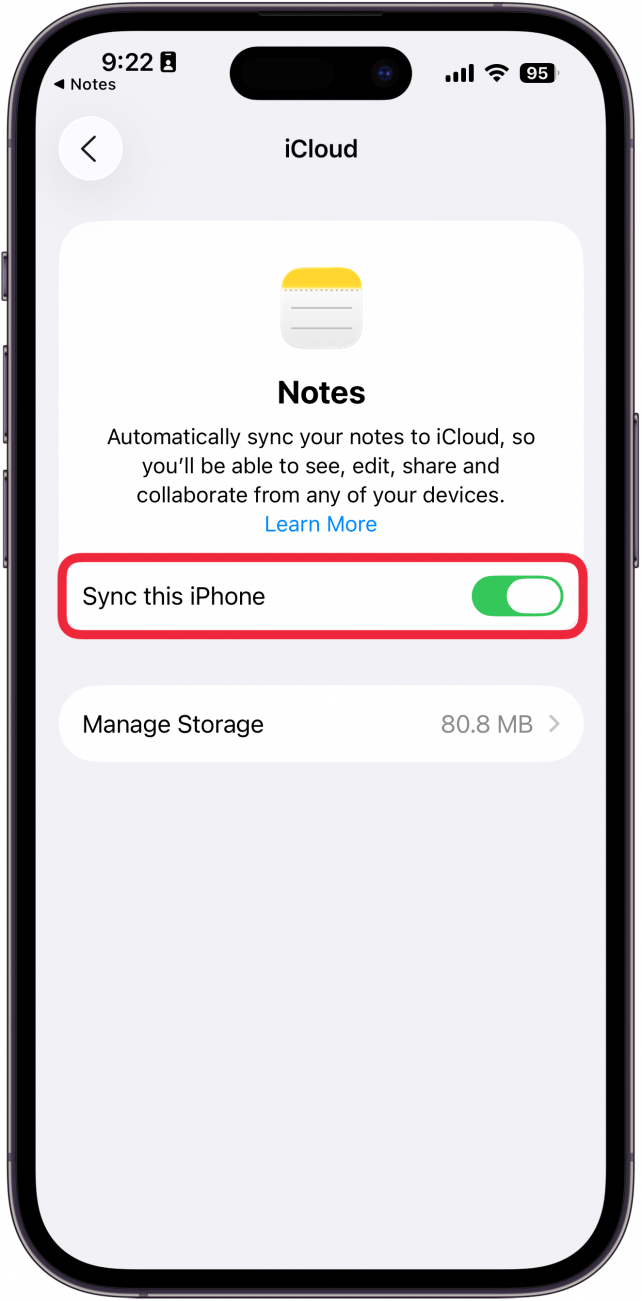a screenshot of icloud notes settings on iphone with a red box around sync this iphone toggle