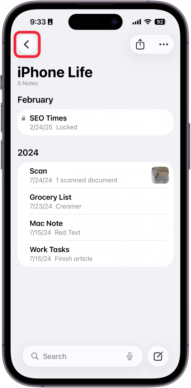 a screenshot of the notes app on iphone with a red box around the back button