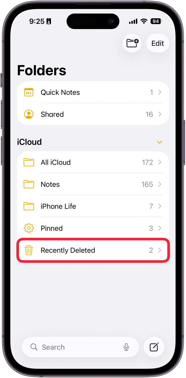 a screenshot of the notes app on iphone with a red box around the recently deleted folder