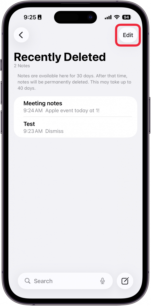 a screenshot of the recently deleted folder in the notes app on iphone with a red box around the edit button