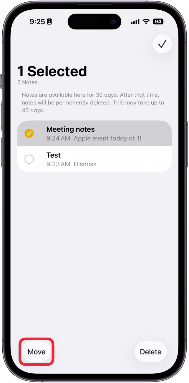 a screenshot of the recently deleted folder in the notes app on iphone with a red box around the move button
