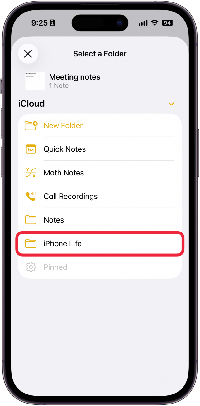 a screenshot of the recover deleted notes screen in the notes app on iphone with a red box around a folder titled "iphone life"