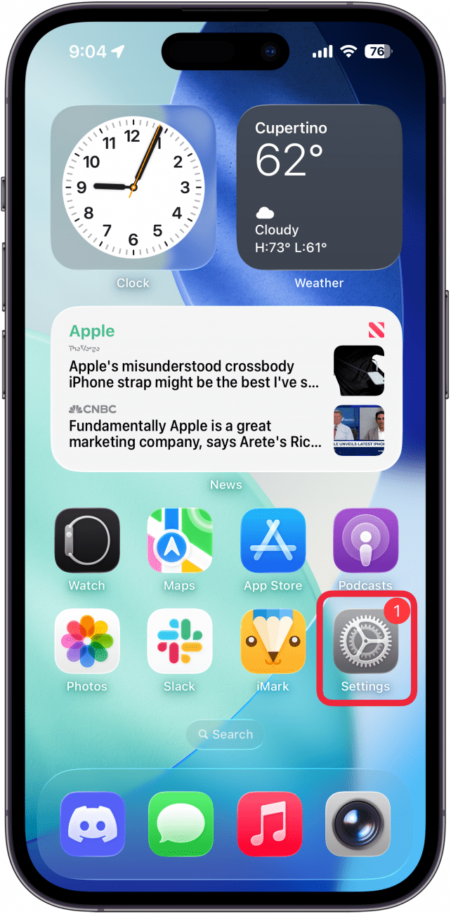 a screenshot of the iphone home screen with a red box around the settings app
