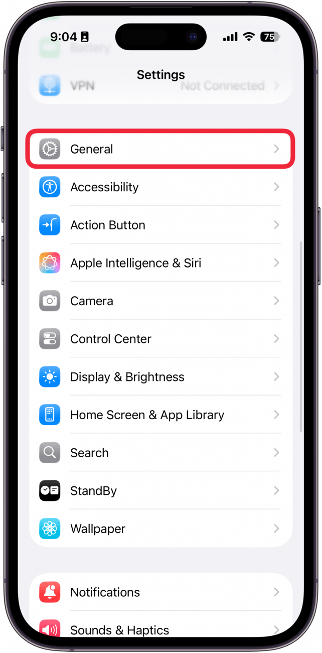 a screenshot of the iphone settings app with a red box around general
