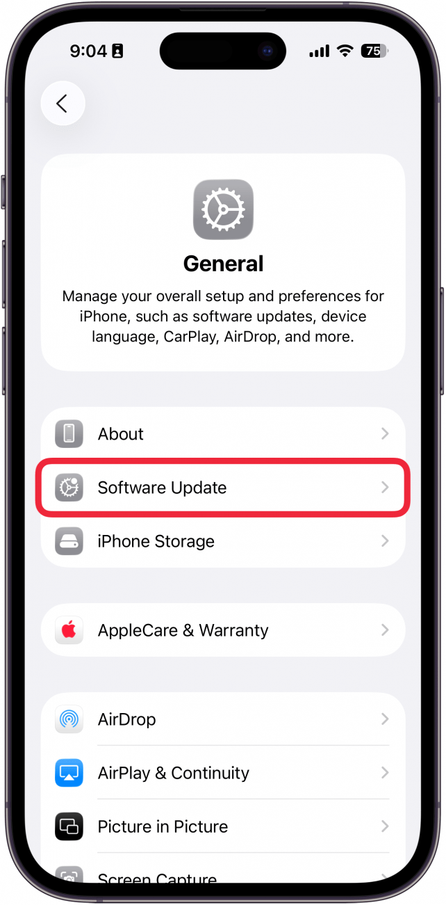 a screenshot of iphone general settings with a red box around software update