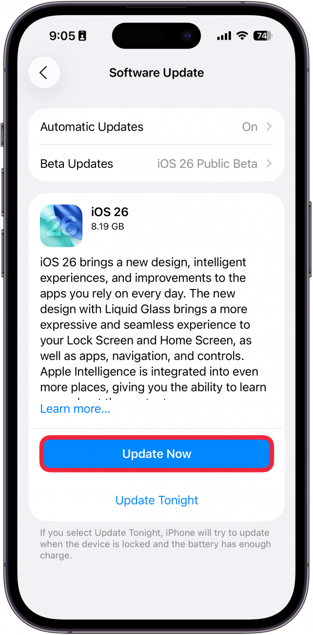 a screenshot of iphone software update screen with a red box around update now button