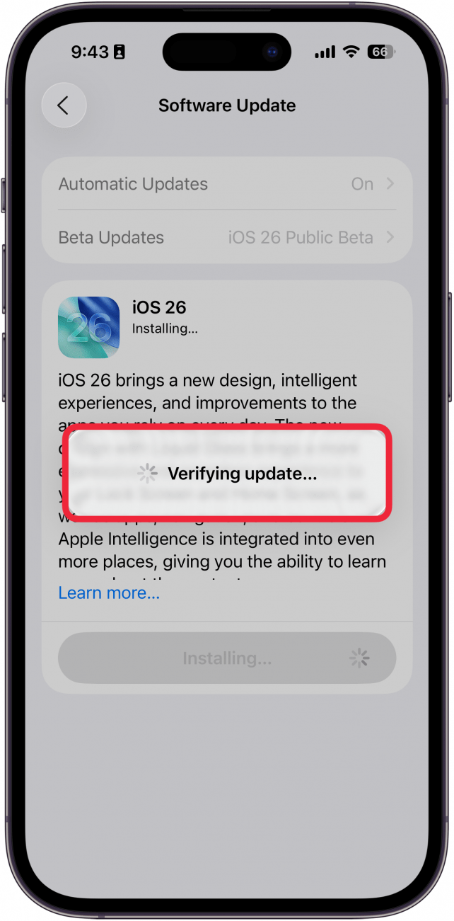 a screenshot of iphone software update screen with a verifying update window