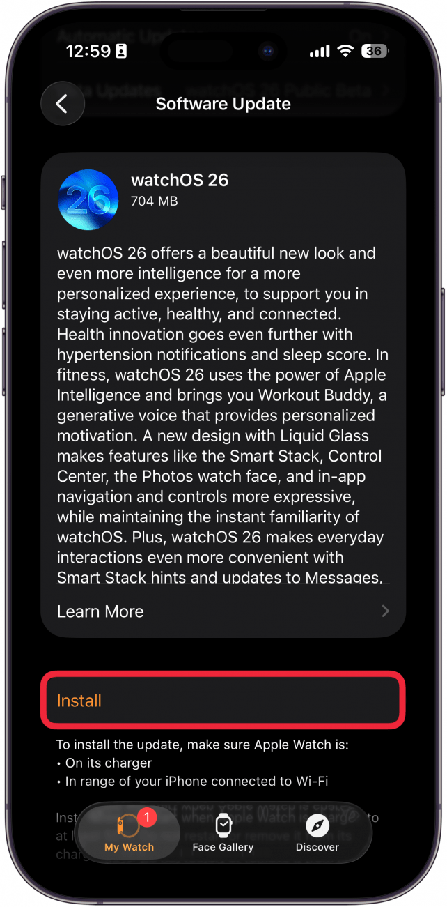 a screenshot of the software update screen in the apple watch iphone app with a red box around install now