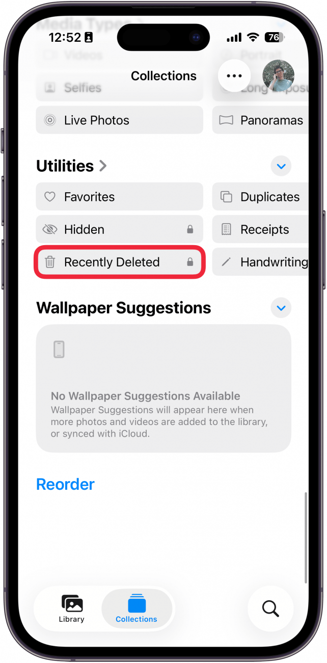 screenshot of the iphone photos app with a red box around recently deleted