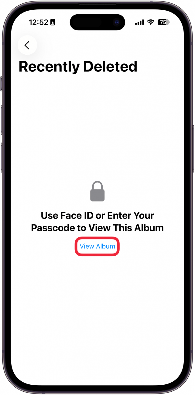 screenshot of the iphone photos app recently deleted folder with a red box around view album