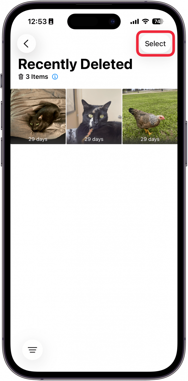 screenshot of the iphone photos app recently deleted folder with a red box around the select button