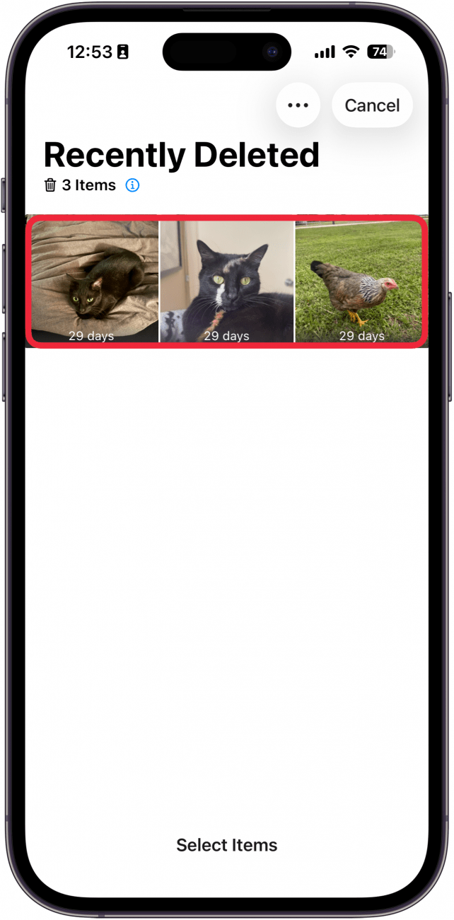 screenshot of the iphone photos app recently deleted folder with a red box around multiple photos