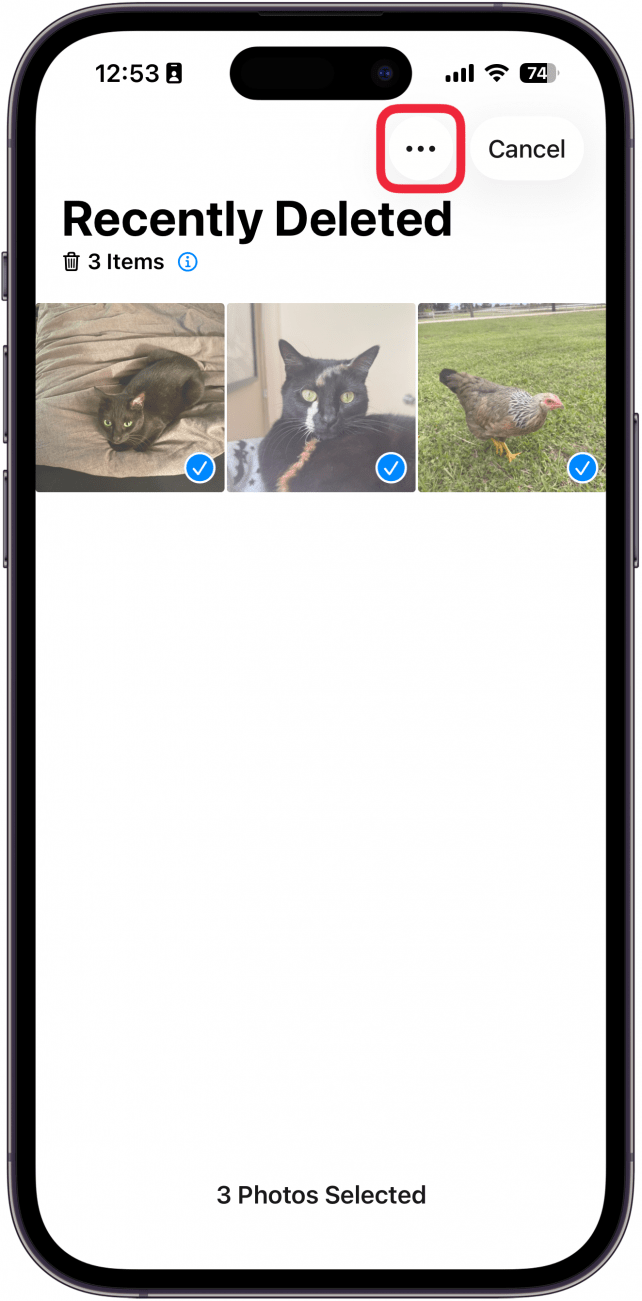 screenshot of the iphone photos app recently deleted folder with multiple photos selected and a red box three dot menu button