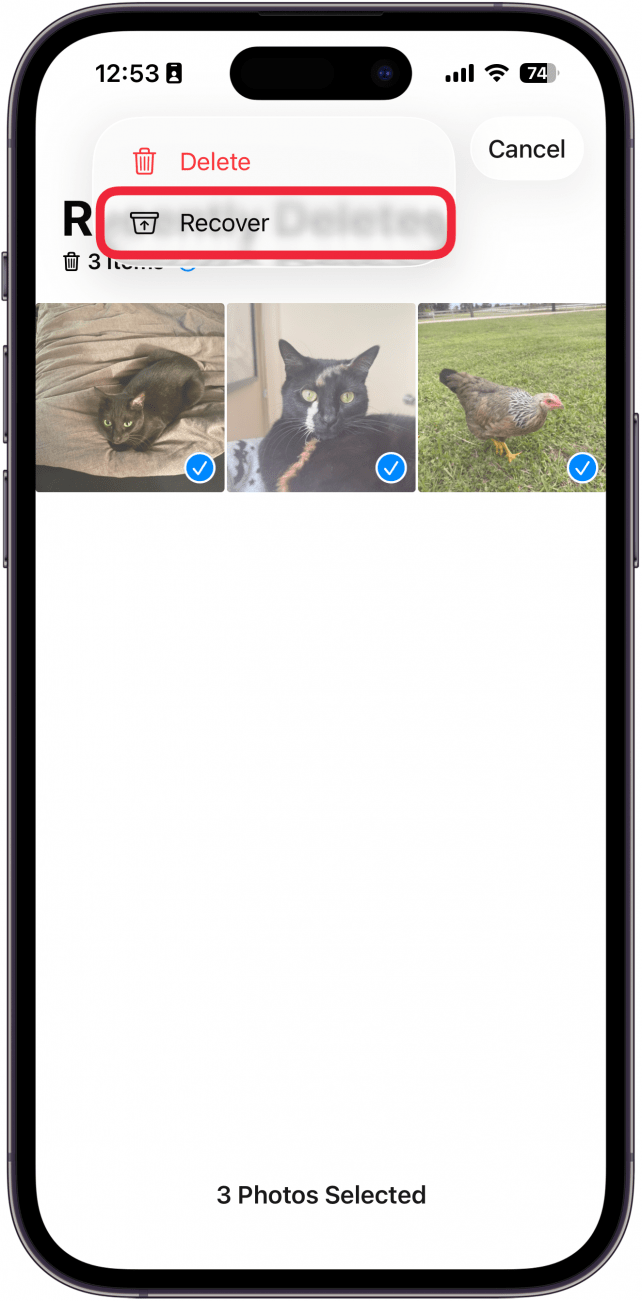 screenshot of the iphone photos app recently deleted folder with a red box around recover button