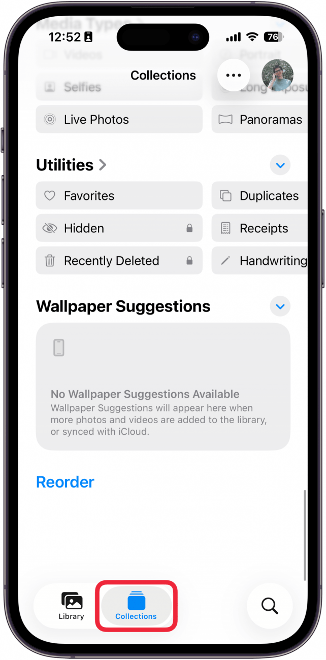 screenshot of the iphone photos app with a red box around collections tab