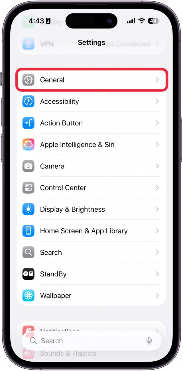 a screenshot of the settings app on the iphone with a red box around general