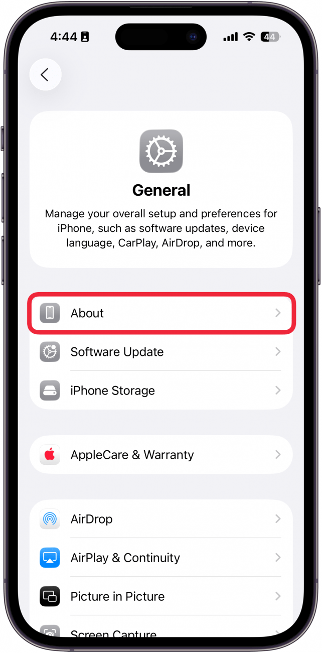 a screenshot of general settings on the iphone with a red box around about