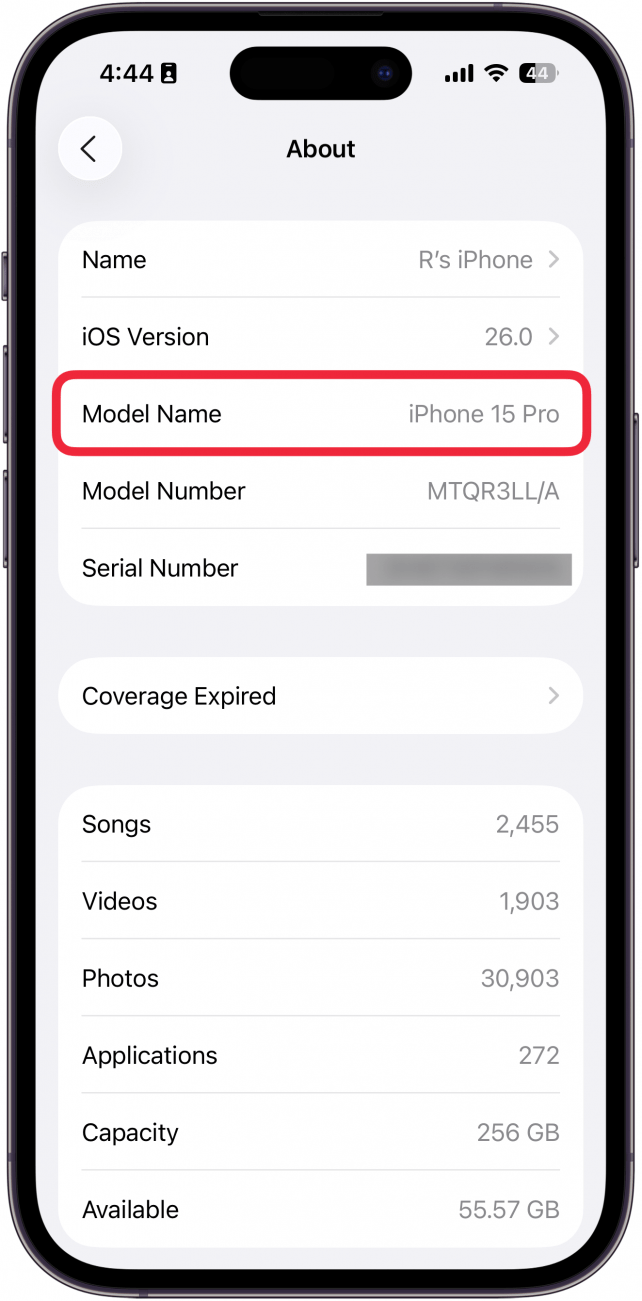 a screenshot of the about section in iphone settings with a red box around the name of the iphone