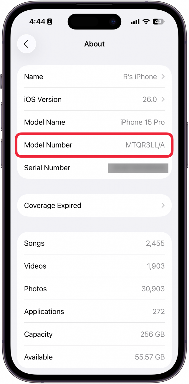 a screenshot of the about section in iphone settings with a red box around the model number