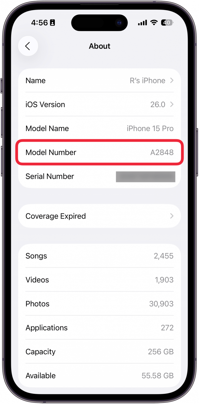 a screenshot of the about section in iphone settings with a red box around the model number