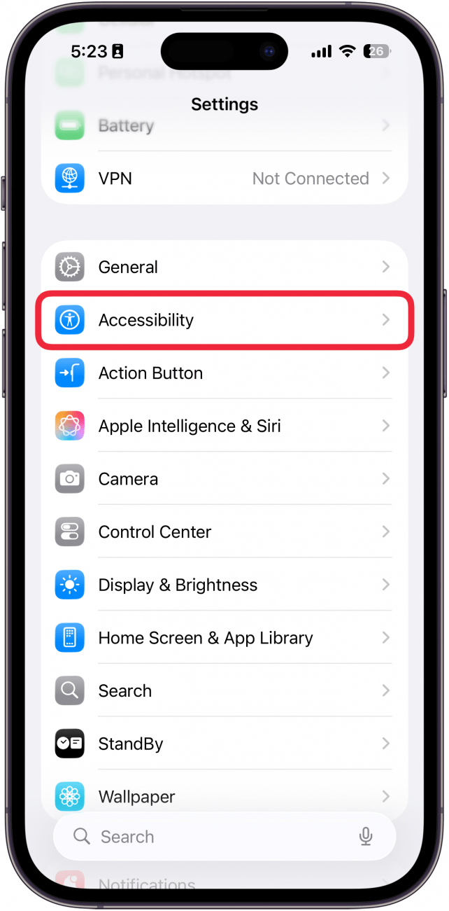 a screenshot of the settings app on iPhone with a red box around accessibility