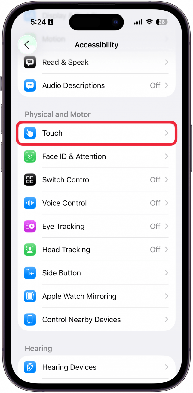 a screenshot of accessibility settings on iphone with a red box around touch