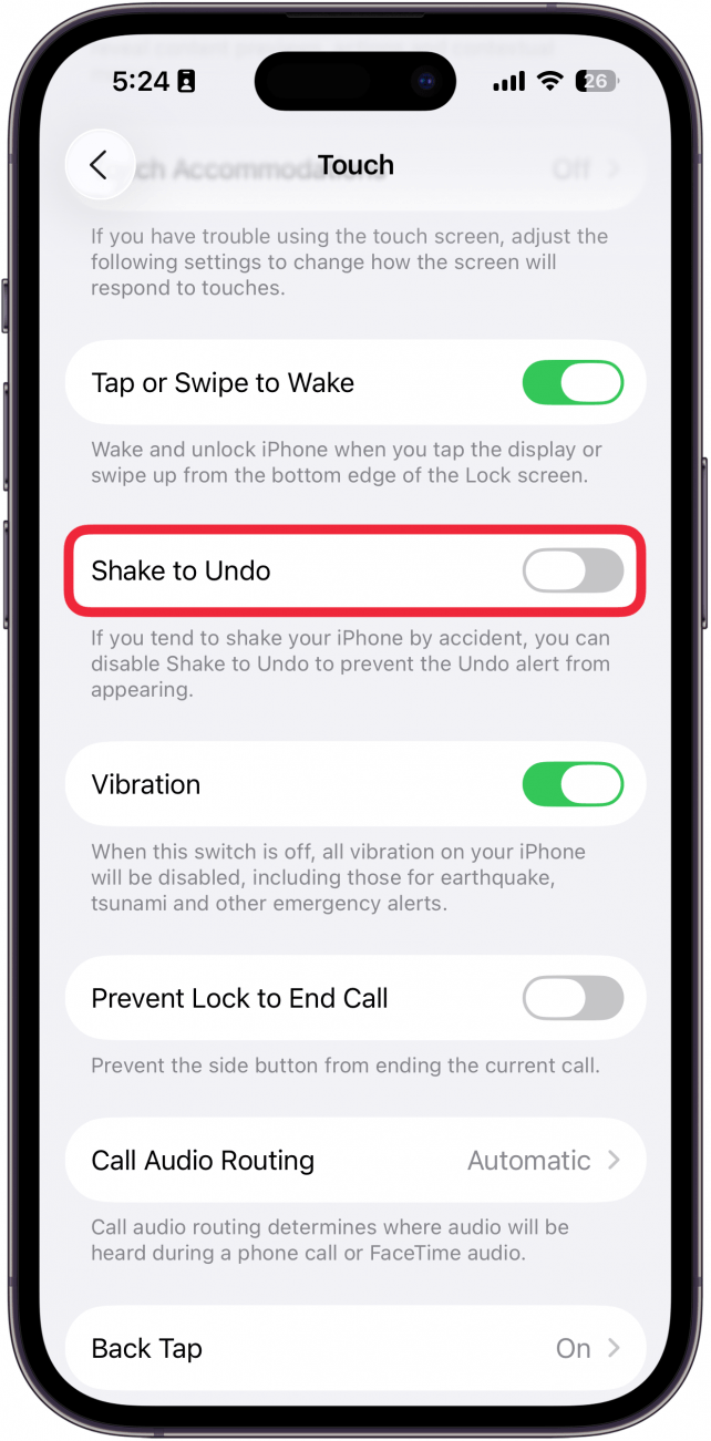 a screenshot of touch accessibility settings on iphone with a red box around the shake to undo toggle