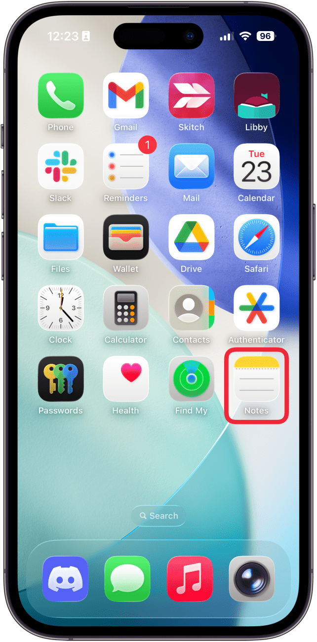 a screenshot of the iphone home screen with a red box around the notes app