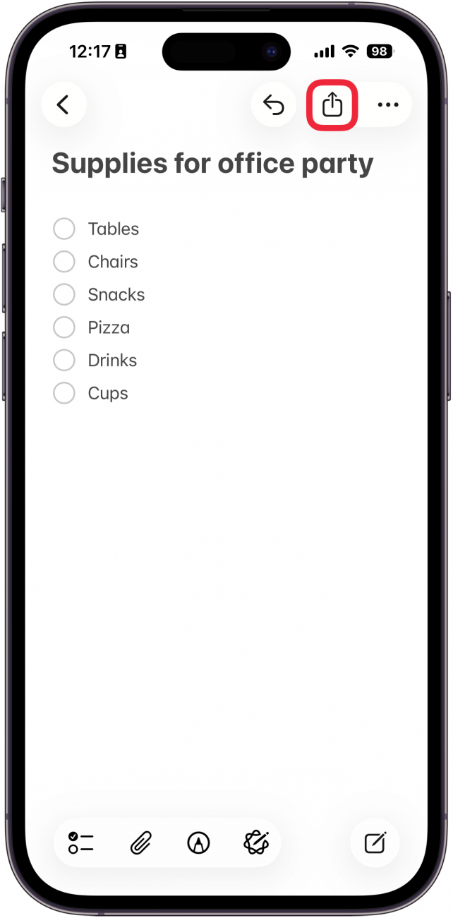a screenshot of the notes app with a red box around the share icon