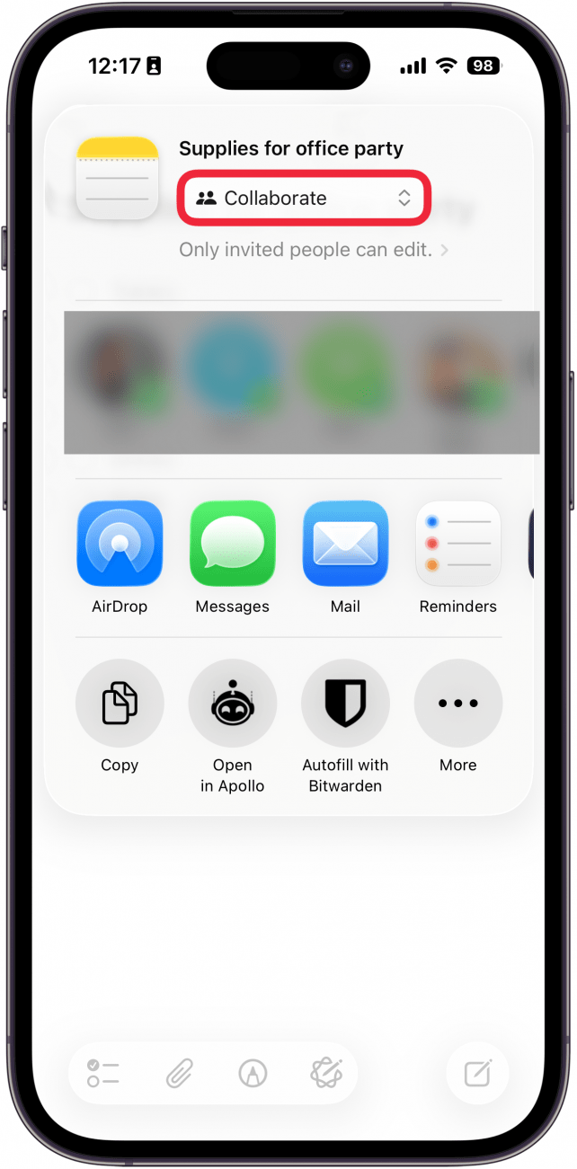 a screenshot of the share menu in the notes app with a red box around the collaborator button