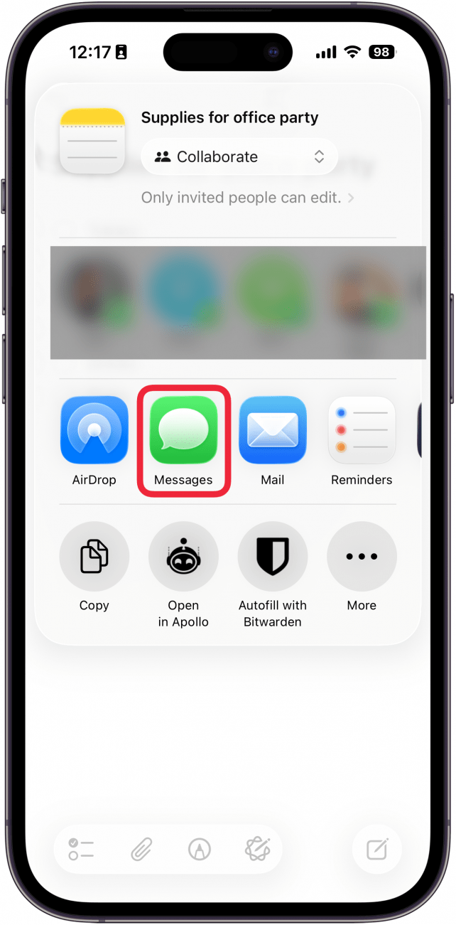 a screenshot of the share menu in the notes app with a red box around the messages app icon