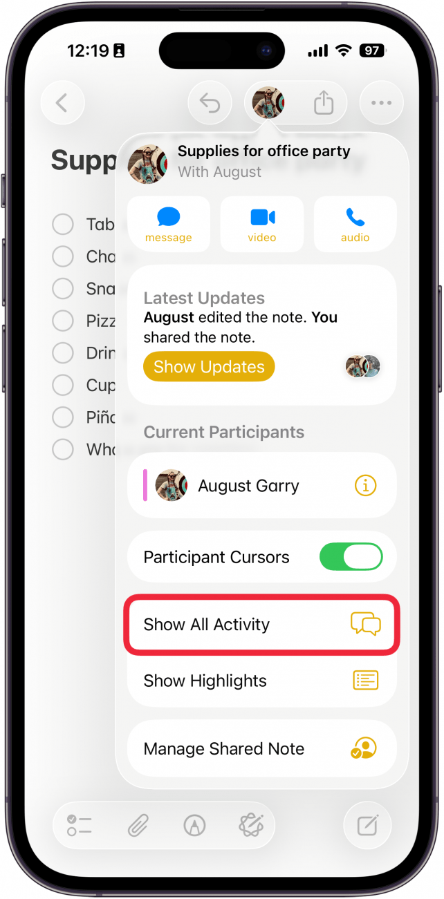 a screenshot of the notes app displaying note details with a red box around the show all activity button
