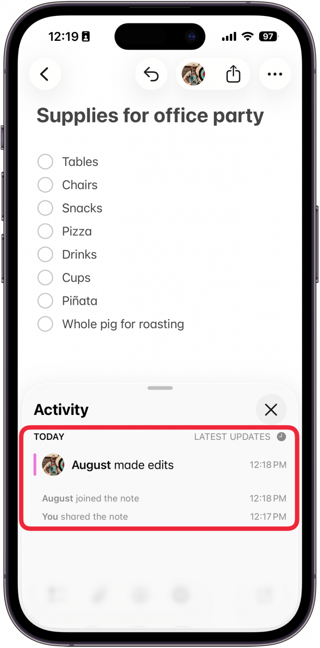 a screenshot of the notes app displaying the activity menu with a red box around the recent activity