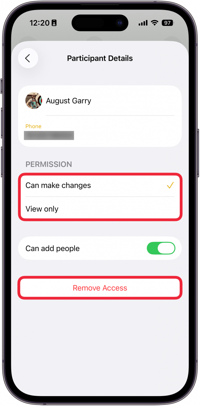 a screenshot of the notes app displaying participant details with a red box around the options for can make changes, view only, and remove access