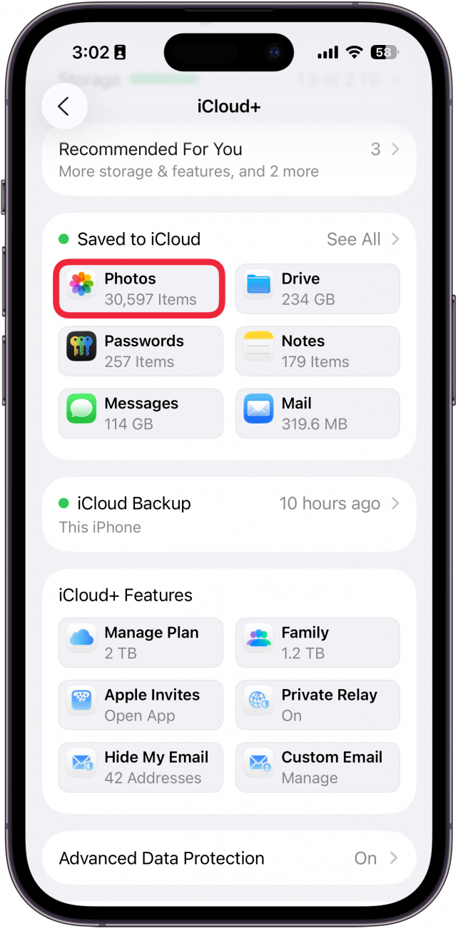 iphone icloud settings with a red box around photos
