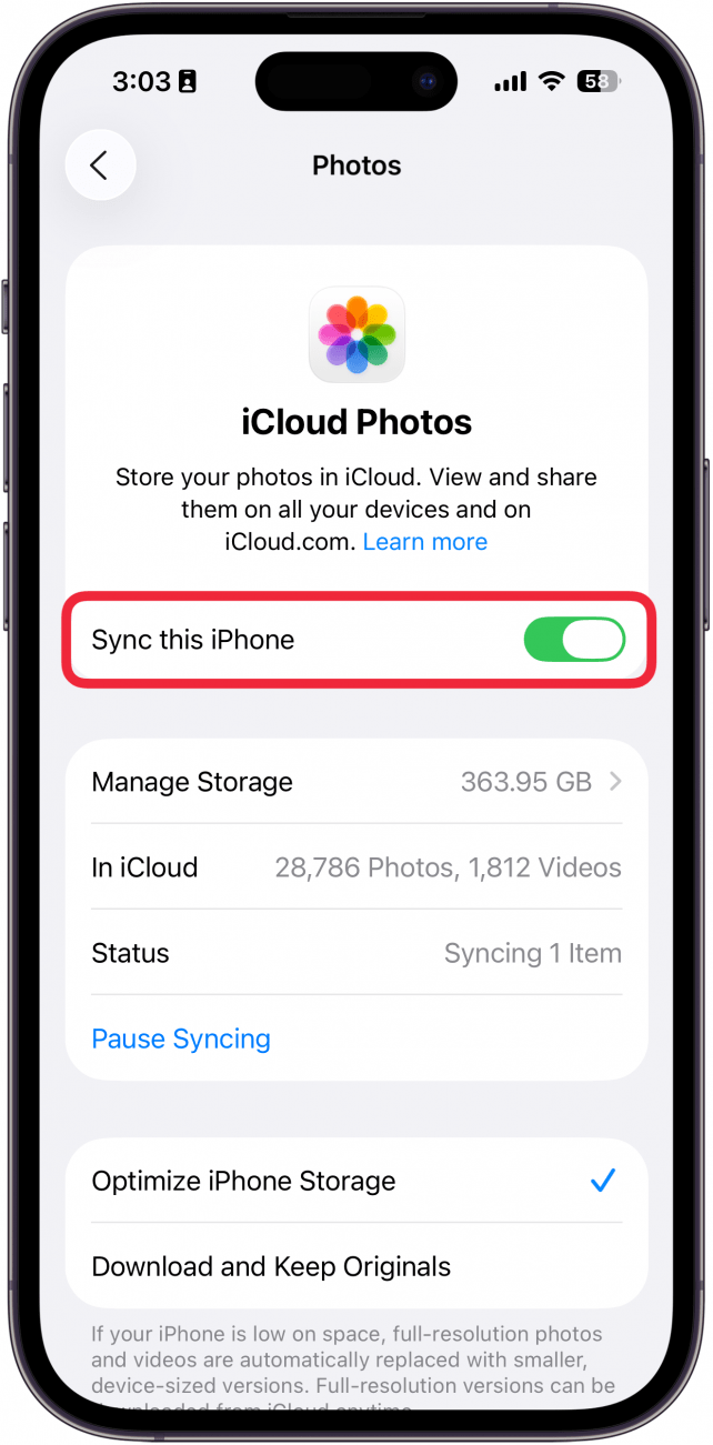 iphone icloud photos settings with a red box around sync with this iphone toggle