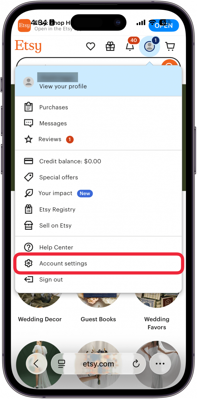 iphone safari displaying etsy website with a red box around account settings
