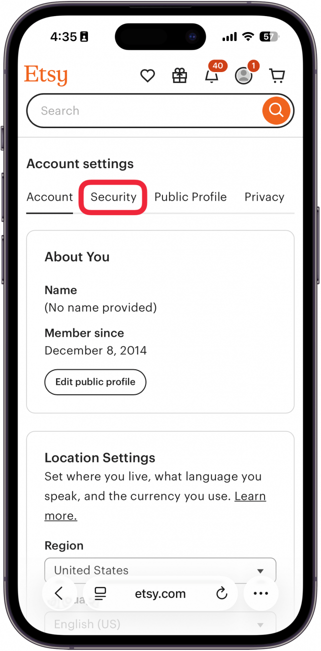 iphone safari displaying etsy account settings with a red box around security tab