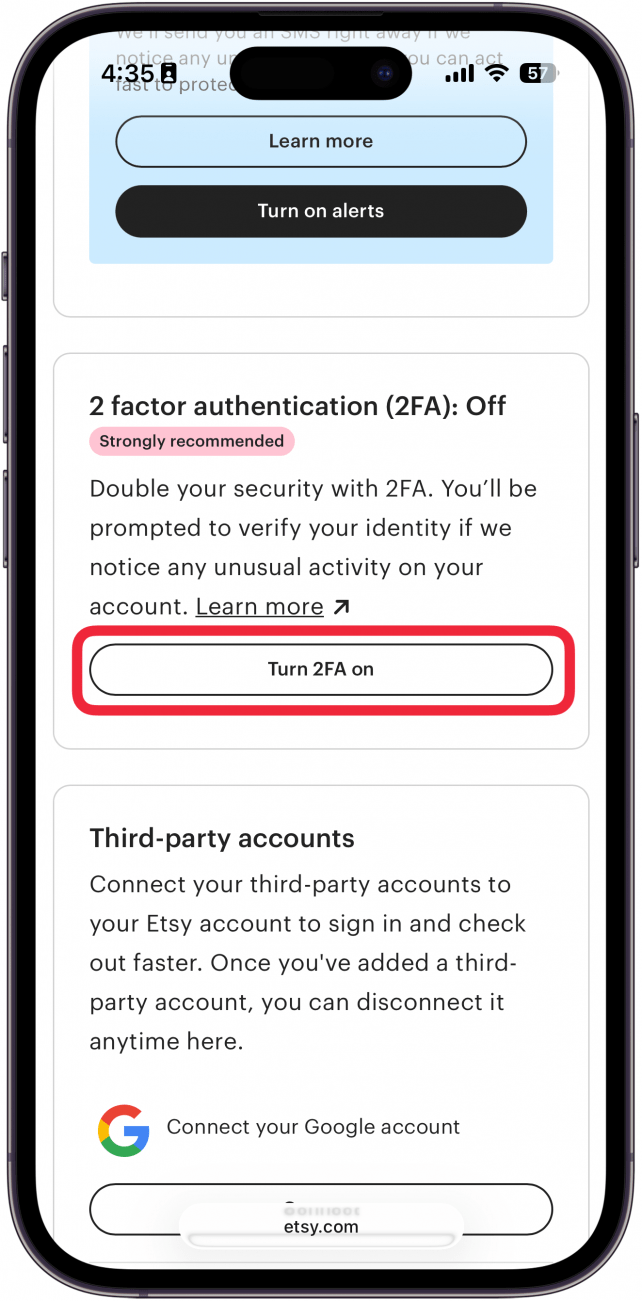 iphone safari displaying etsy account security settings with a red box around 2FA button
