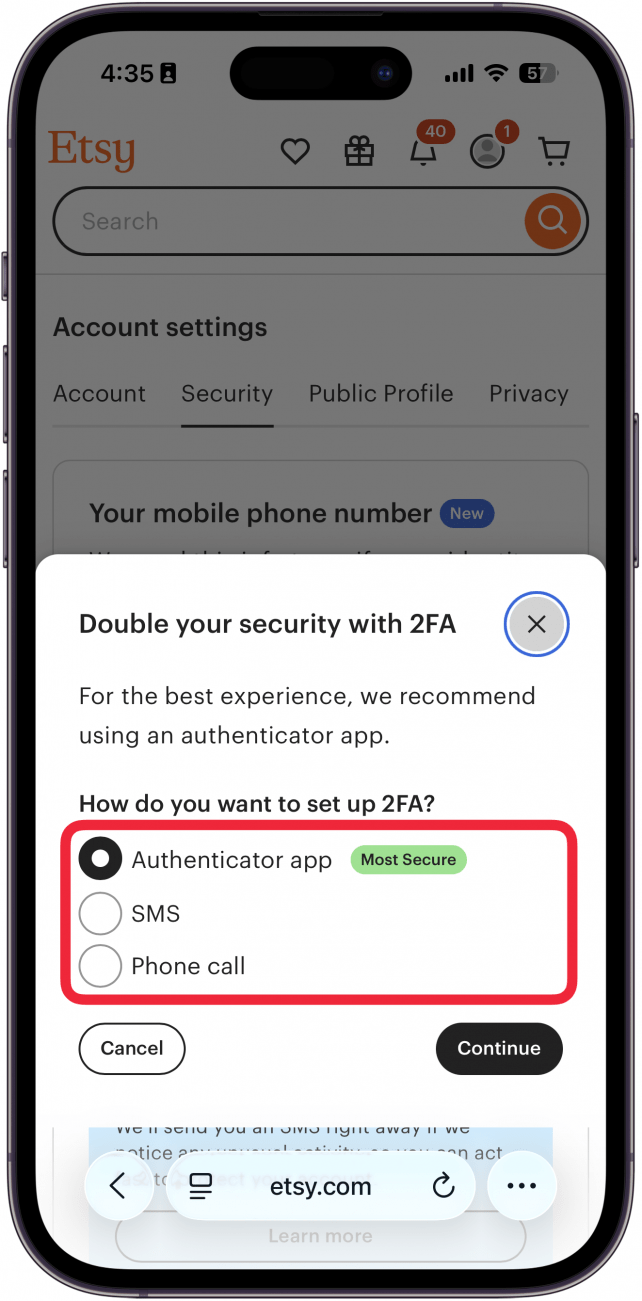 iphone safari displaying etsy multi factor authentication setup with an expanded dropdown and a red box around authenticator app