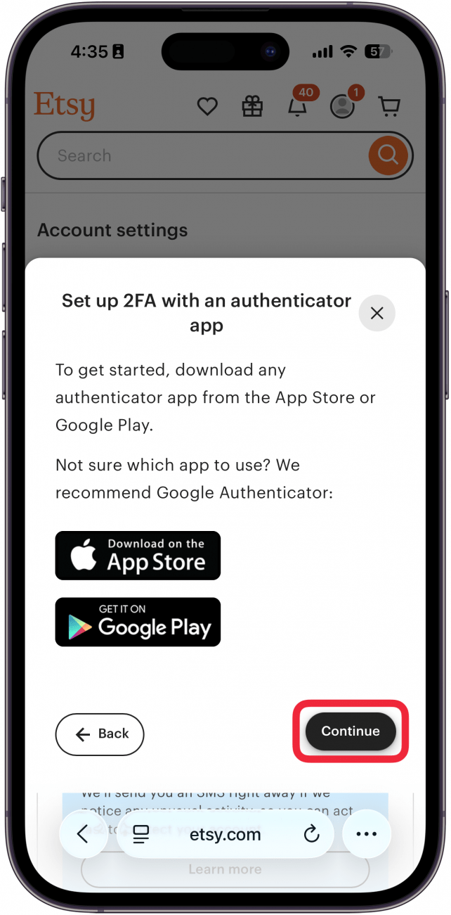 iphone safari displaying etsy multi factor authentication setup with an expanded dropdown and a red box around continue