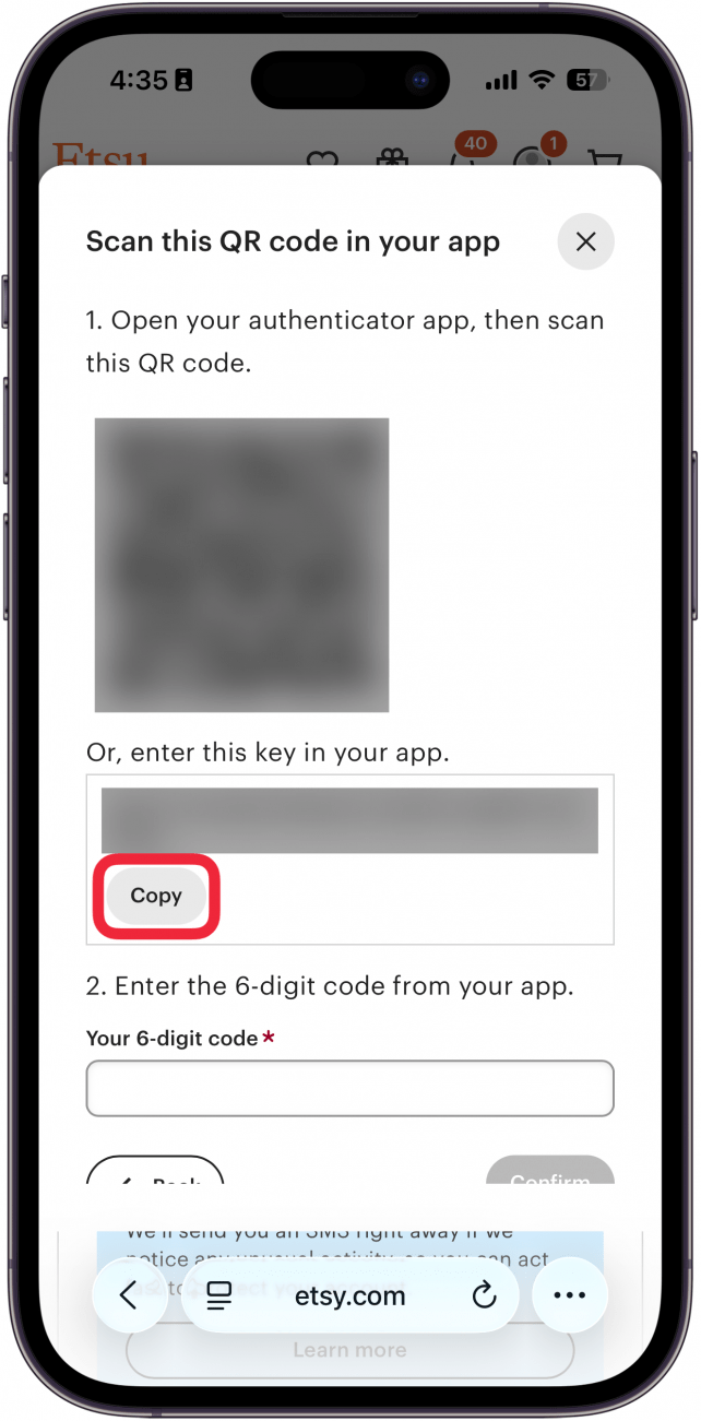 iphone safari displaying etsy multi factor authentication setup with a QR code and a setup key and a red box around the. copy button