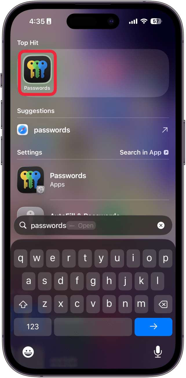 iphone spotlight search with a red box around passwords app