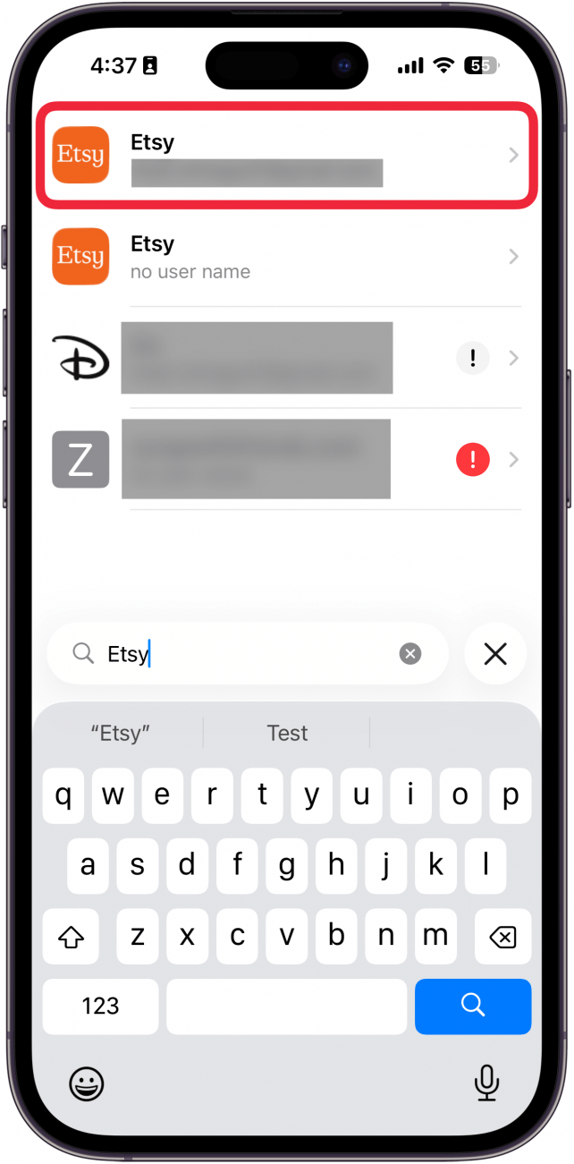 iphone passwords app with a red box around etsy account