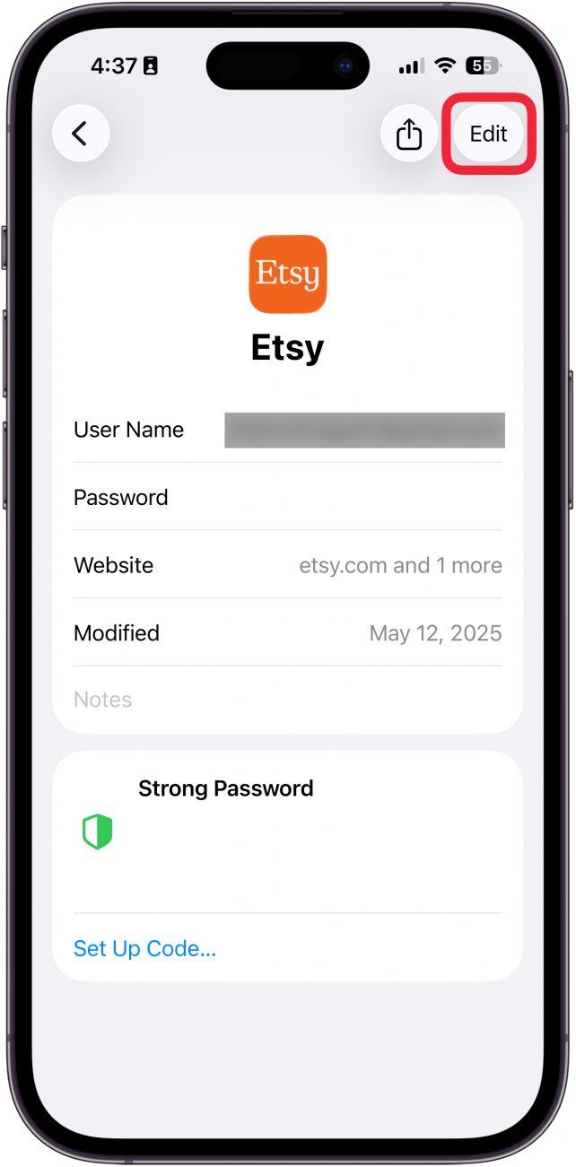 iphone passwords screen displaying etsy account information with edit button circled in red