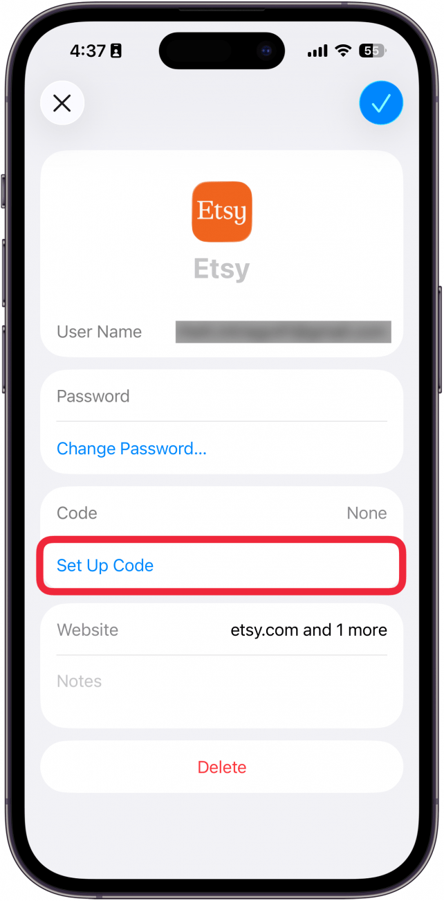 iphone passwords screen displaying etsy account information with set up code button circled in red