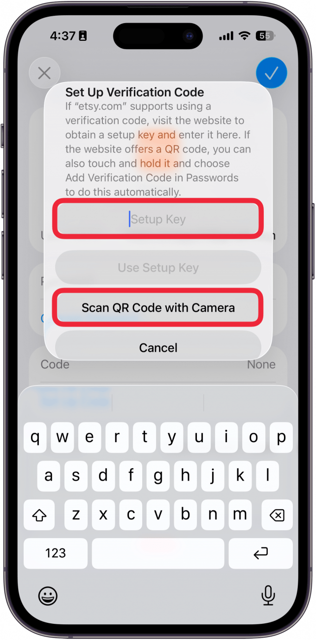 iphone passwords screen displaying etsy account information with Enter Setup Key or Scan QR Code buttons circled in red